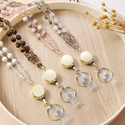 Natural Stone Beads Retractable Badge Reel Lanyard Id Card Holders Necklaces Chain Keychain Clip For Women Men Employee Wholesal