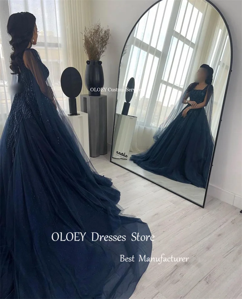 OLOEY-Robe de Soirée Longue en Tulle Bleu Marine, Tenue de Bal à Paillettes, Manches Cape, Col Carré, Dubaï, Arabe, pour Occasions Formelles