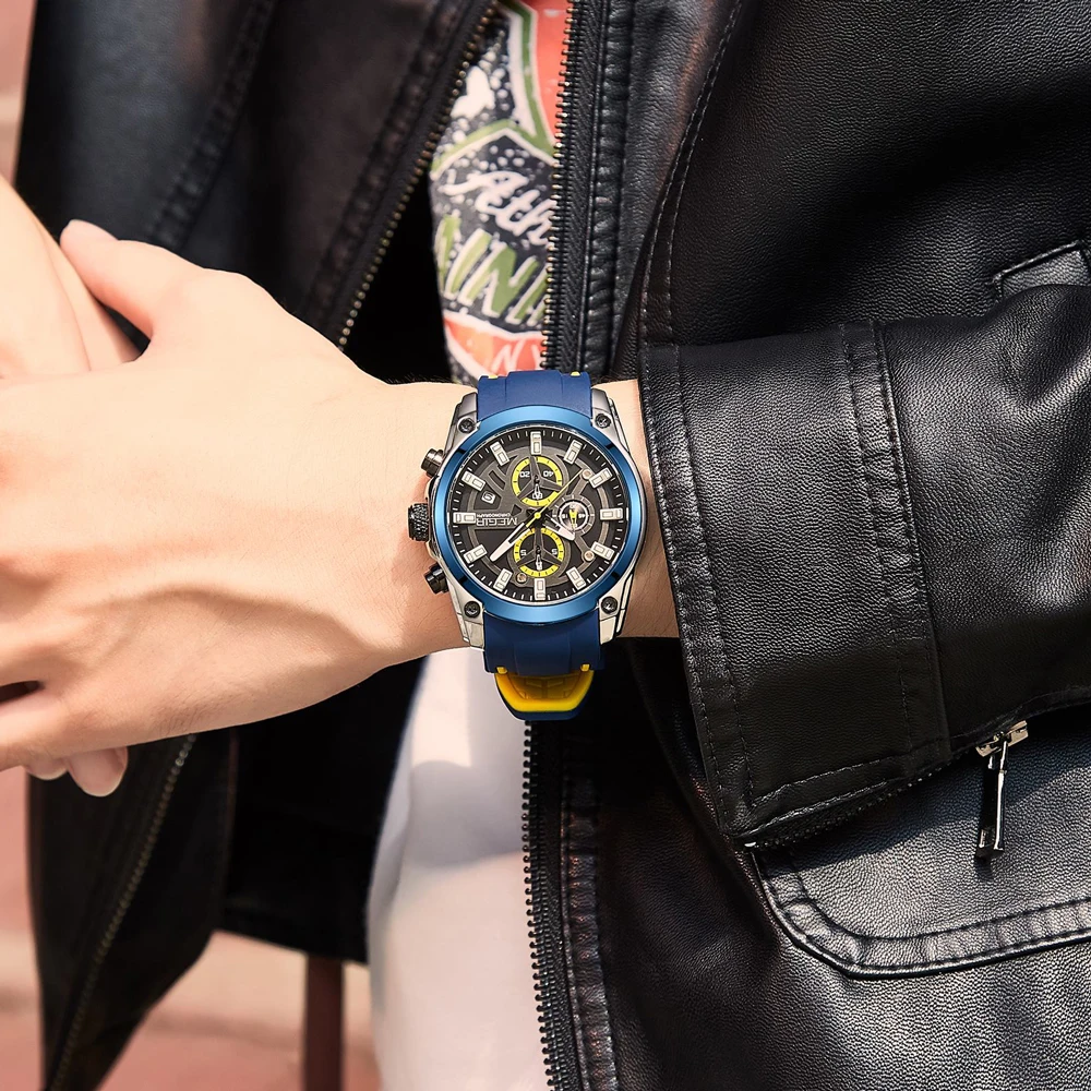 MEGIR Men's Quartz Watch Top Brand Luxury Rubber Band 3ATM Water Resistant Business Chronograph Mens Sports WristWatches 2144