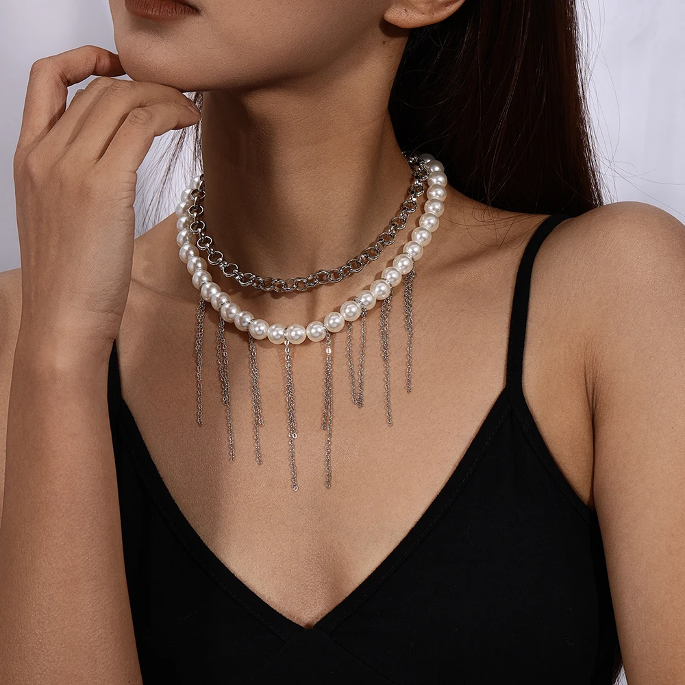 Aihua Mehrschichtige Lange Quasten-Imitationsperlen-Halskette für Damen, Modische Perlen-Choker-Ketten, Y2K Hochzeitsschmuck Geschenke – Detail 2