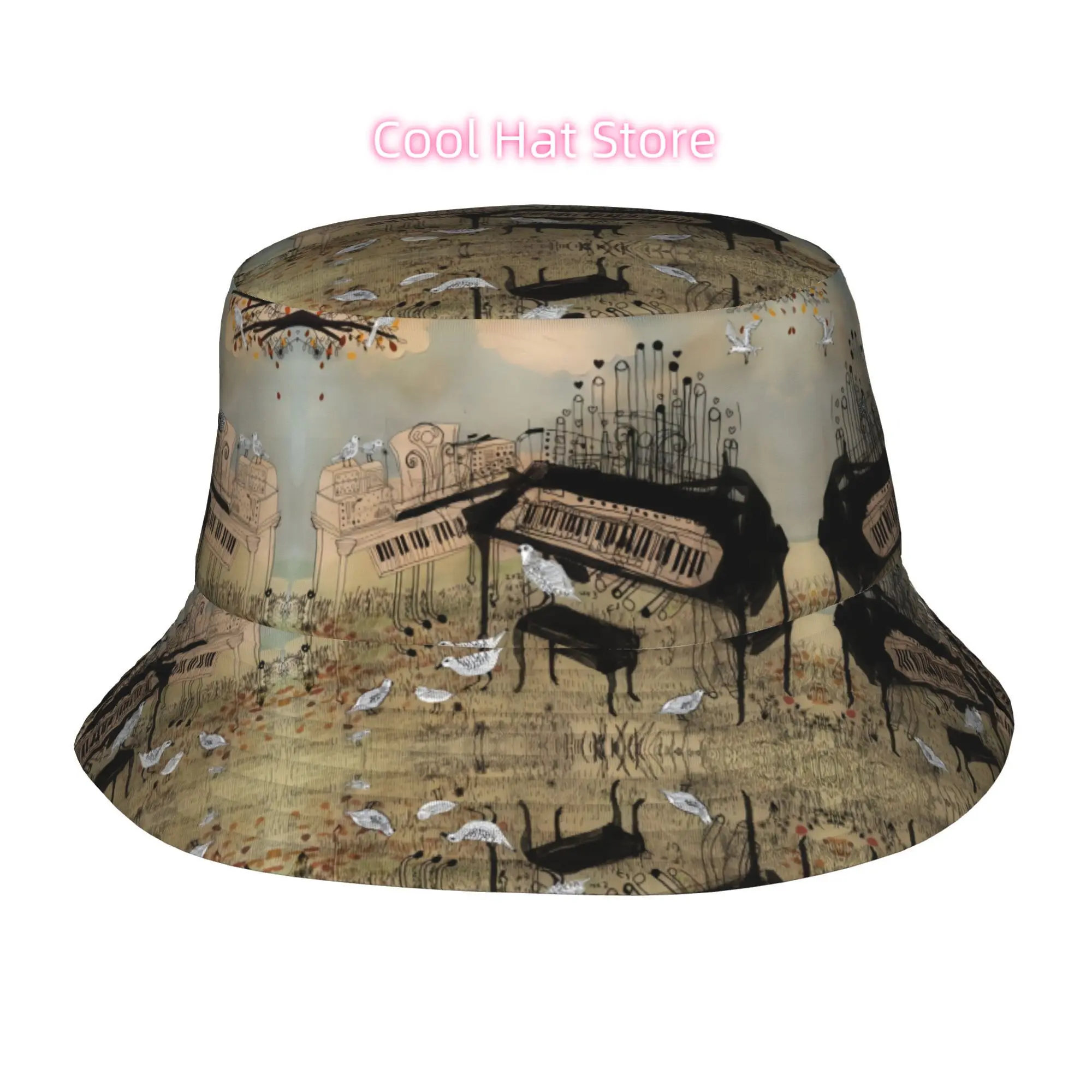 1pc Pianos and Birds Art Bucket Hat - Fully Printed Unisex Outdoor Sun Hat Suitable for Party Birthday Holiday Gifts, B