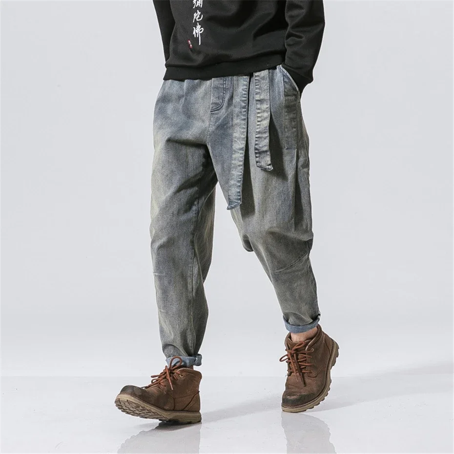 

Vintage Denim Pants Men Streetwear Harajuku Jeans Belt Design Fashion Solid Color Jeans Elastic Waist Trousers Mens Clothes