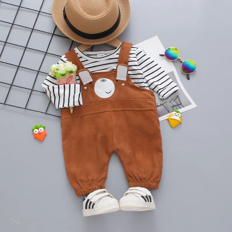 

PP PatPat Baby Boy/Girl 2pcs Bear Style Overalls and Striped Tee Set