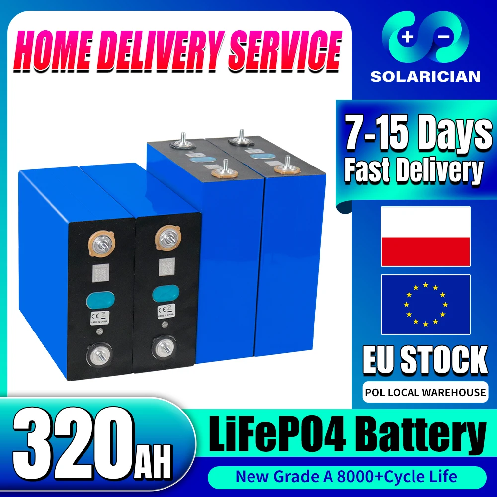 

Grade A 3.2V 320Ah LiFePO4 Battery New Lithium Iron Phosphate Rechargeable Cell DIY 12V 24V 48V For RV EV Solar Batteri EU Stock