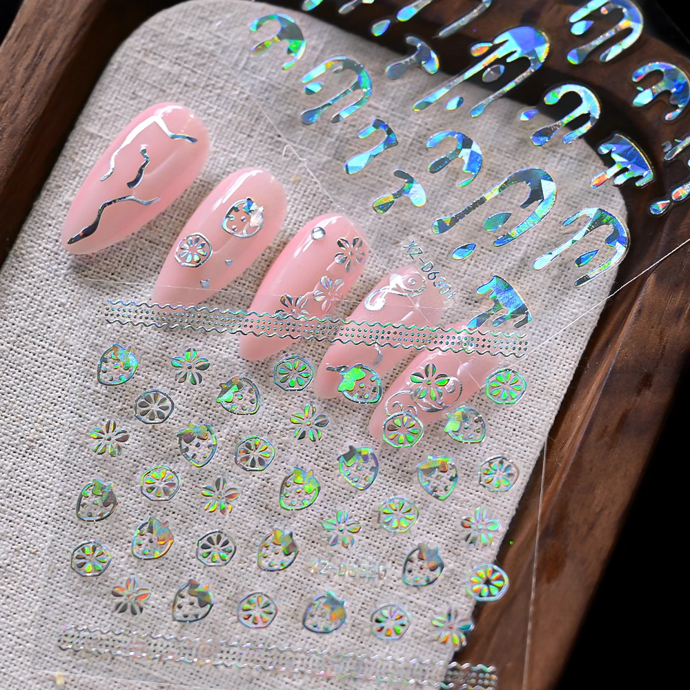 30Pcs Laser Silver French Line Flower Nail Art Stickers Self-Adhesive Elegant Geometric Retro Floral DIY Manicure, Salon Decals