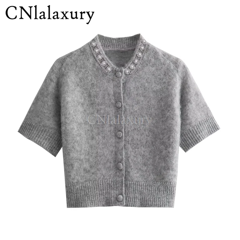 CNlalaxury 2024 Crop Cardigans For Women Elegant Pearls Knit Sweater T Shirt Female O Neck Short Sleeve Button Knitwear Coat Top