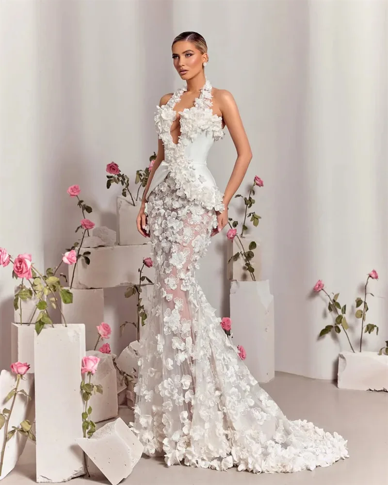 

White Women Wedding Dress With Lining Sexy Halter Sleeveless Backless 3D Flower Lace Party Bridal Gown Formal Prom Birthday Robe