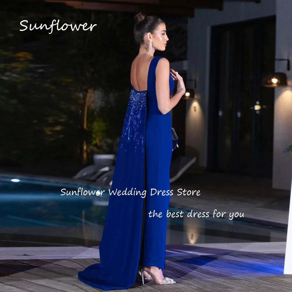 Sunflower Simple Blue O-Neck Crepe Mermaid Prom dress 2024 Slim Beading Long Cope Floor-Length Formal Evening Dress