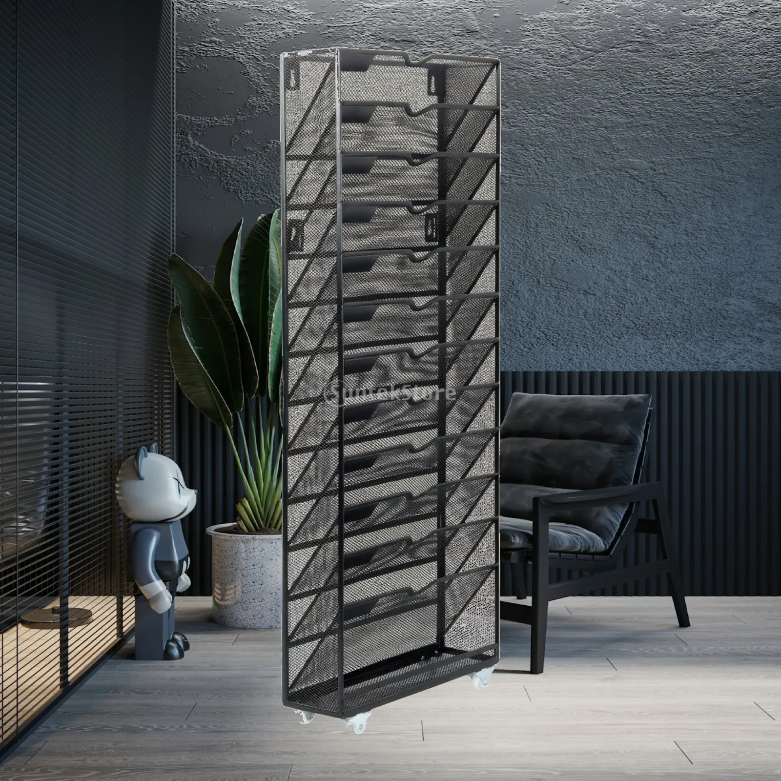 Space Saving Multi Layer Bookshelf Metal Mesh Design with 13 Compartments for Document Sorting
