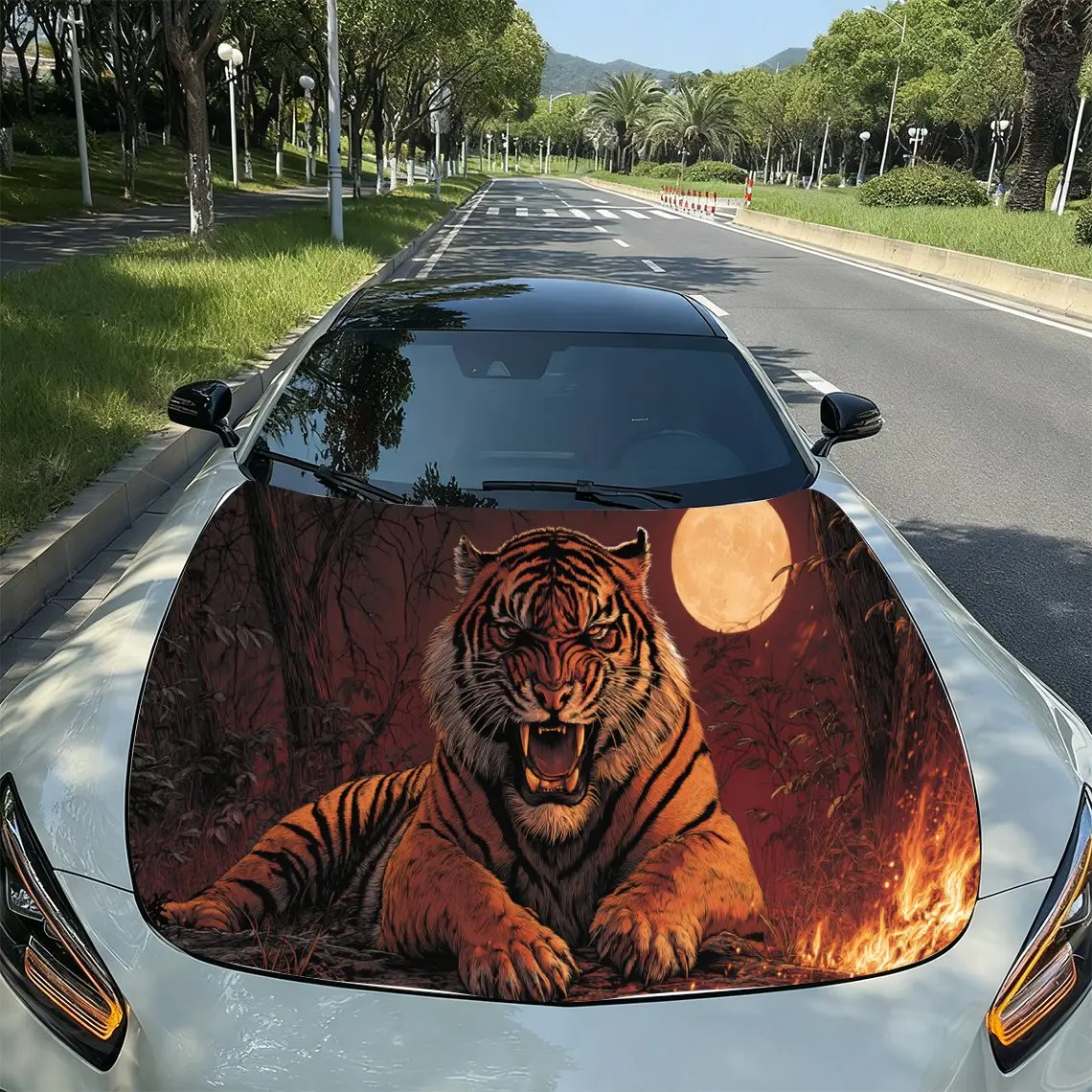 

Flame Tiger Wild PVC Car Hood Wraps, Self-Adhesive Waterproof Car Bonnet Decal Sticker, Car Decoration Protection Stickers for T