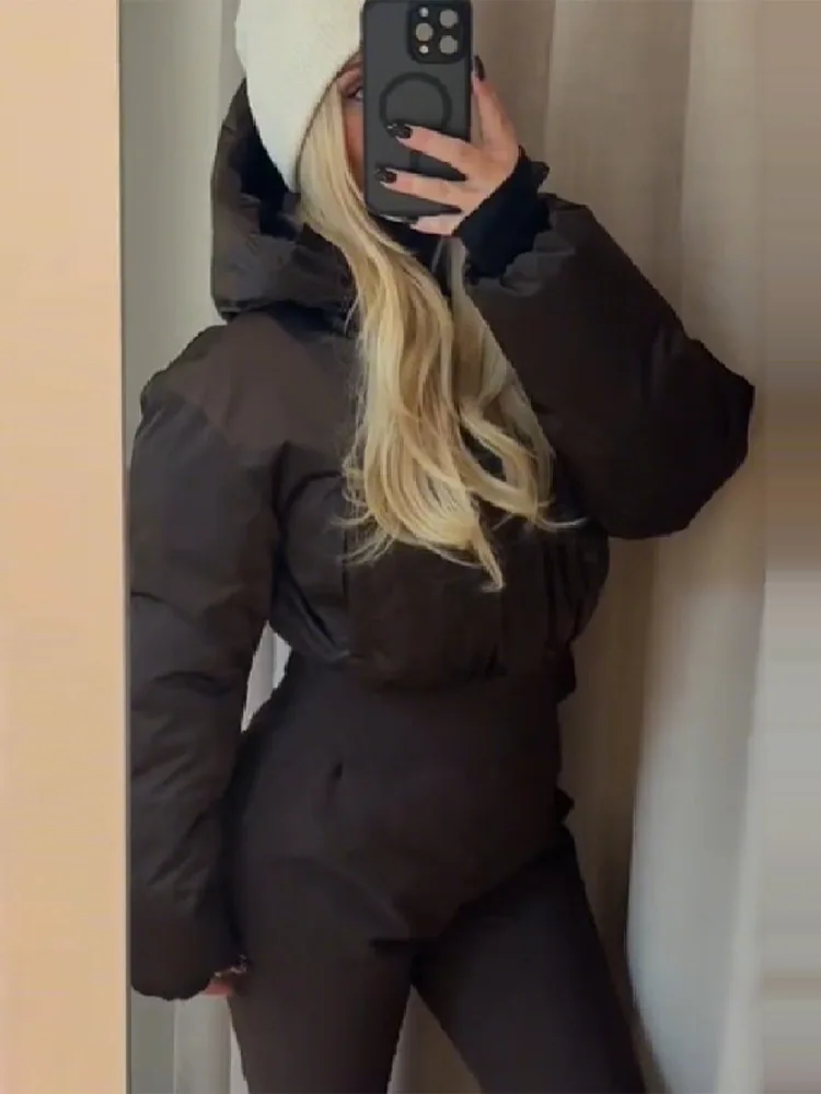 المرأة الشتاء العصرية ملابس التزلج بذلة مقنعين القطن سترة دافئة موضة مستقيم واسعة الساق 2025 جديد دافئ سميكة سيدة مجموعة الملابس #4