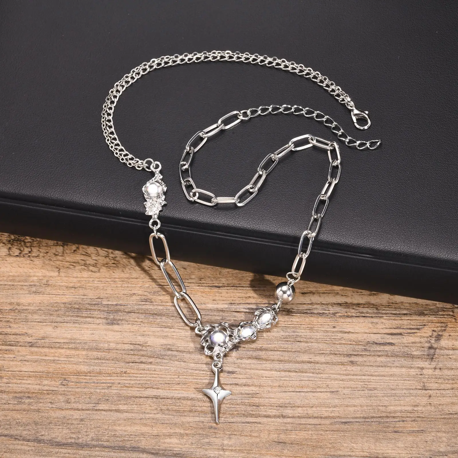 Vnox Y2k Moonstone Necklaces for Men Women, Unisex Coquette Aesthetic Star Cross Necklace Jewelry Valentine\'s Day Gift