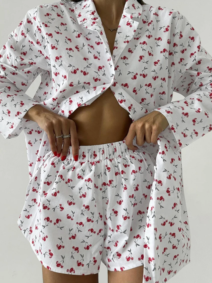 Marthaqiqi Causal Printing Women Sleepwear Set Long Sleeve Nightwear Sexy Turn-Down Collar Pajamas Shorts Spring Nightgowns Suit