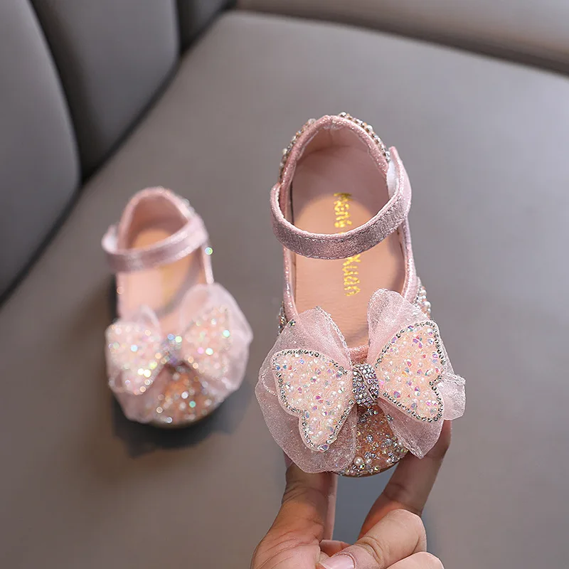 

AINYFU Girls Cute Bow Leather Shoes Spring Children's Sequins Princess Shoes Fashion Kids Soft Bottom Crystal Single Shoes