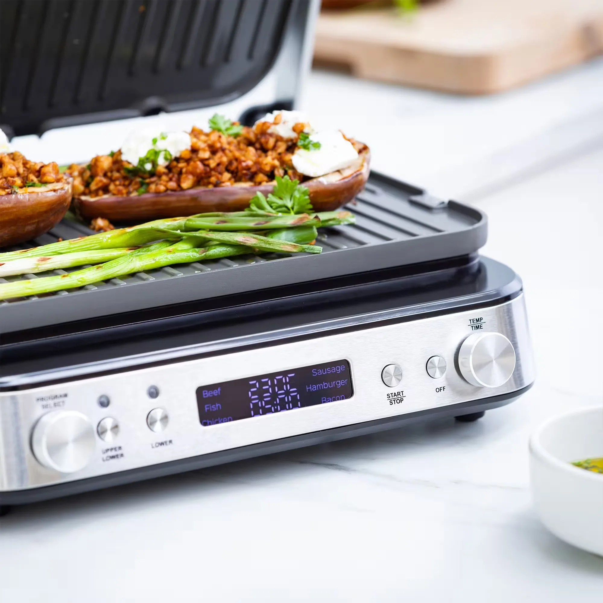 2000W Smokeless Indoor LED Display Digital Temperature Control Stainless Steel Electric Contact Grill Waffle Maker Griddle