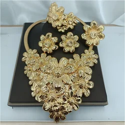 Light Weight Gold Plated Jewelry Set Flower Pendant Necklace Earring Bracelet Ring African Party Accessories Gift