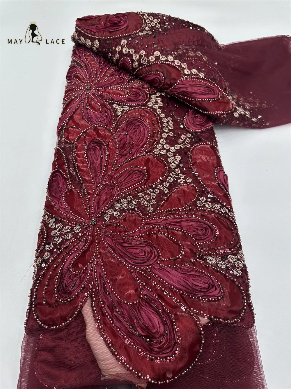 

Красная 3D-ткань из французского кружева с пайетками, модная африканская нигерийская сетчатая вышитая бисером кружевная ткань 2026 года для свадебных и вечерних платьев
