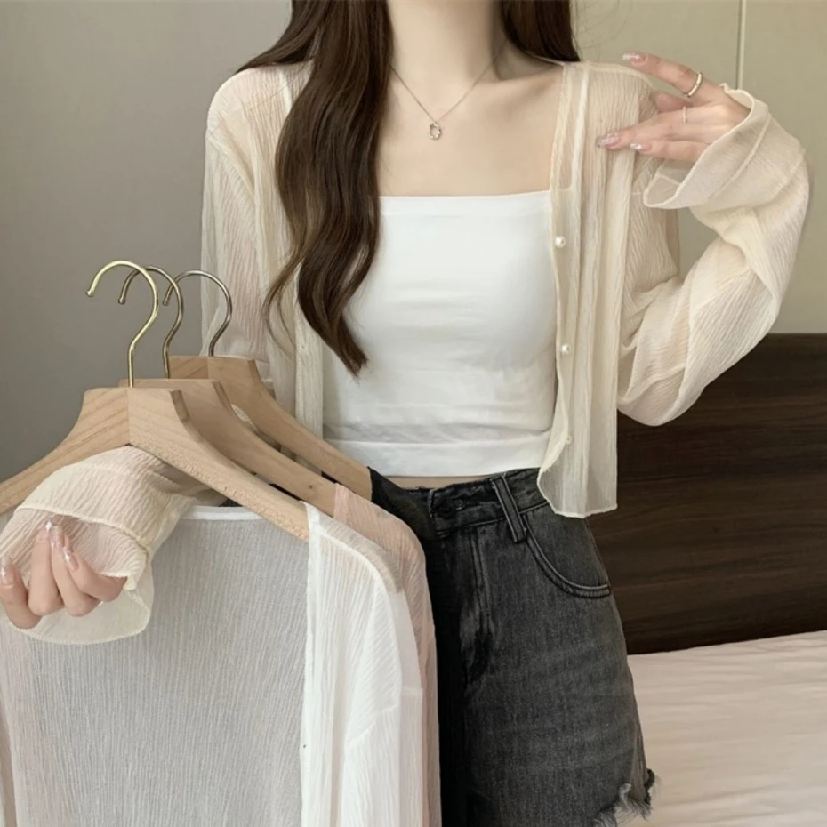 Korean Ice Silk Knitted Sun Proof Cardigan with Unique Summer Style Long Sleeve Top for Women