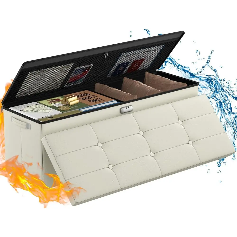 2-Piece Storage Ottoman Set with Lock, 15x43x15, Beige, Water-Resistant and Heat Insulated Chest with Handles, Ideal for Living