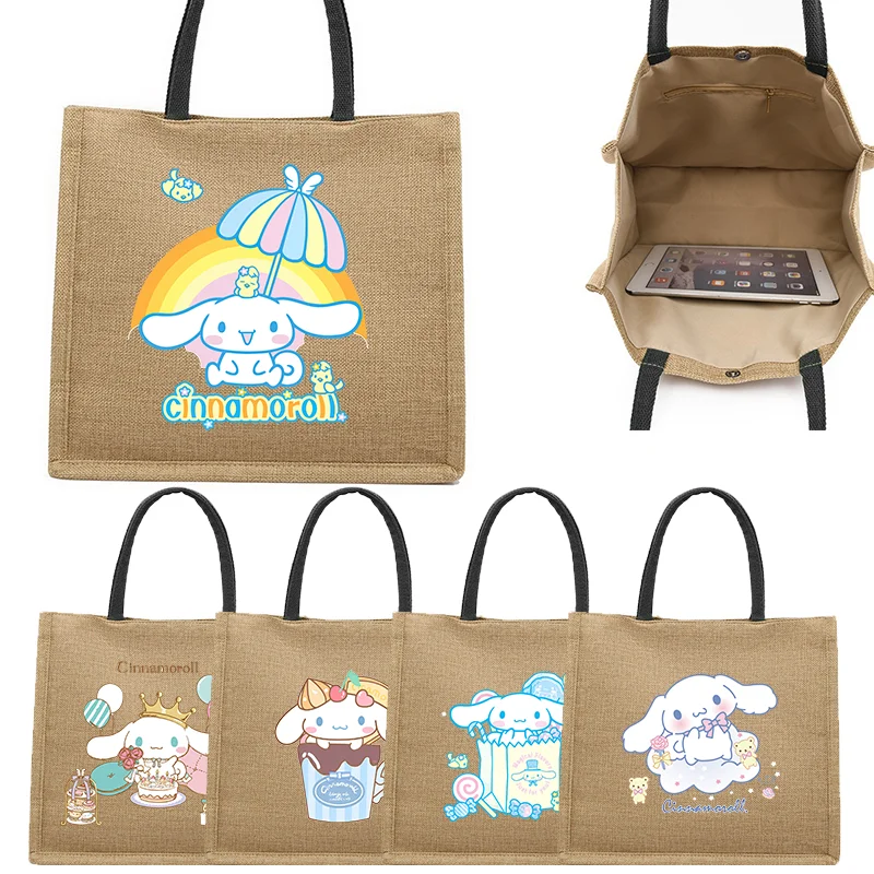 

Cinnamoroll Beach Bag for Women Burlap Tote Beach Shoulder Bag Cartoon Handbag Container with Handle Reusable Cute Tote Gift Bag