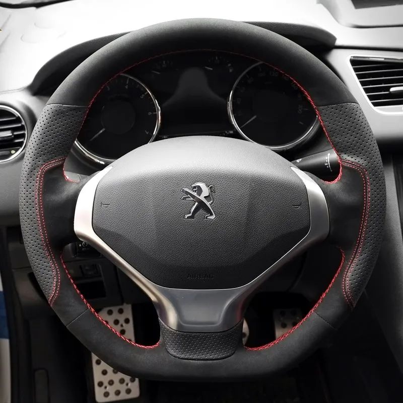 Customized DIY Hand-Stitched Leather Suede Car Steering Wheel Cover for Peugeot 2008 3008 301 408 508l 308s Interior Accessories