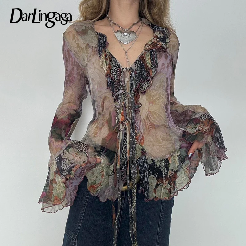 Darlingaga Grunge Fairycore Floral Printed Mesh Shirt Women See Through Ruffles Tie-Up Cardigan Holidays Vintage Blouse Outfits