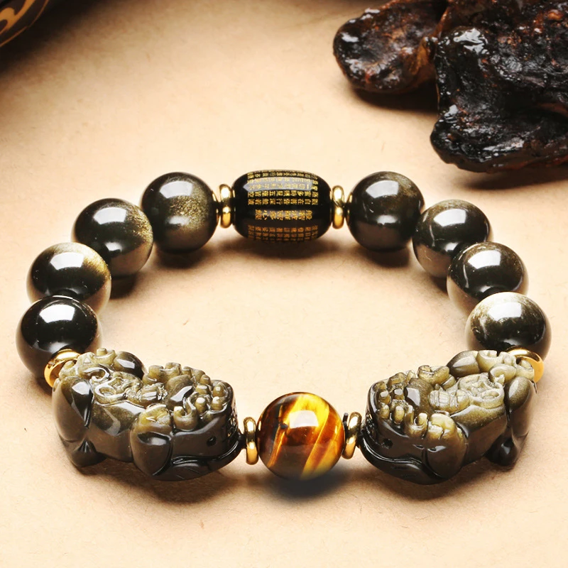 Natural Double Pixiu Bracelet With Obsidian Heart-Sutra Beads Yellow Tiger Eye Stone Men And Women