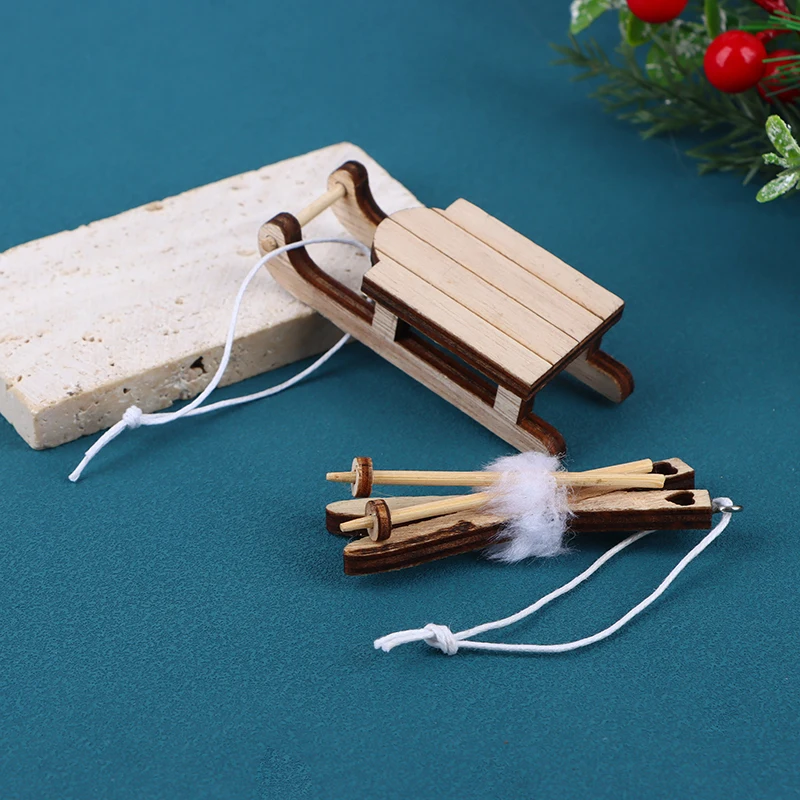 1PCS Dollhouse Miniature Wooden Sleigh Model Sled Ornament Christmas Vintage Living Scene Tree Hanging Decor Xmas Gift Pendant