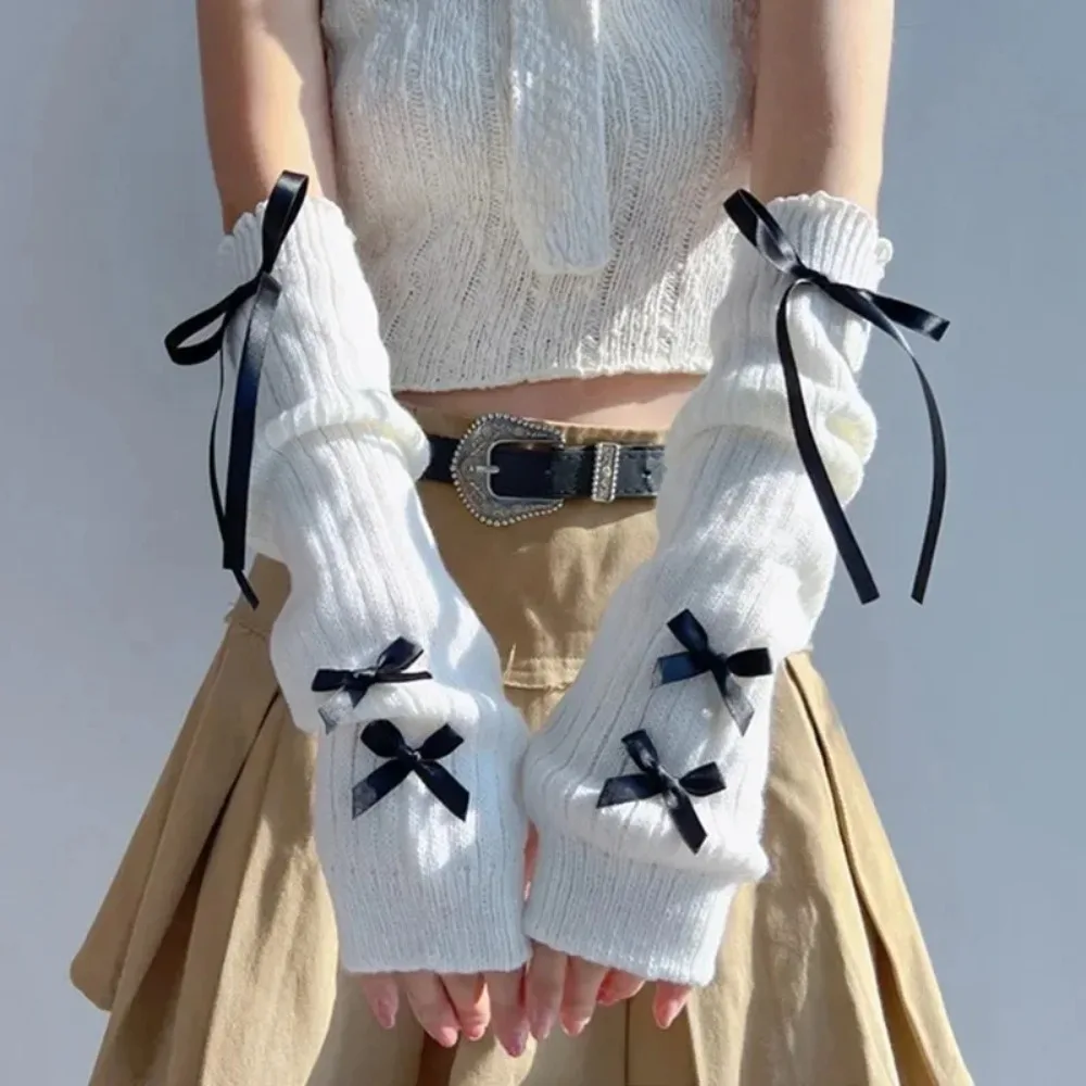 

Female Fashion Arm Warmers Bowknot Soft Knitted Gloves Women Girl Half Finger Mittens Solid Color Thicken Arm Sleeves