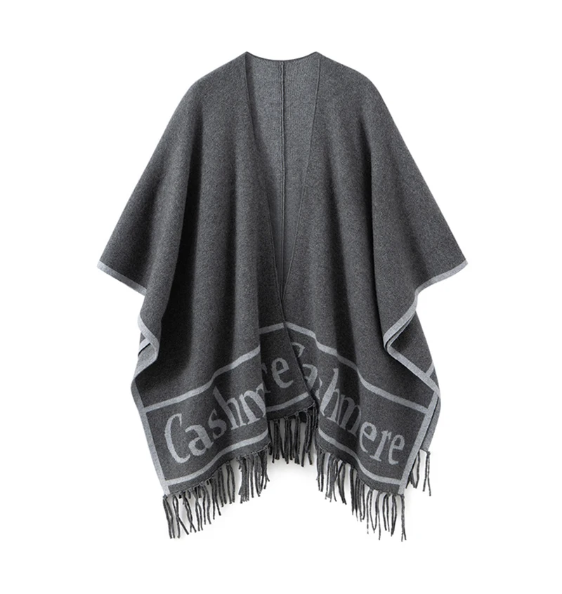 

2025 Fall Women's Letter Printed Cashmere Poncho Winter Warm Shawl Cloak Fashion Tassel Knitted Wool Cardigan Wrap Cape Jackets