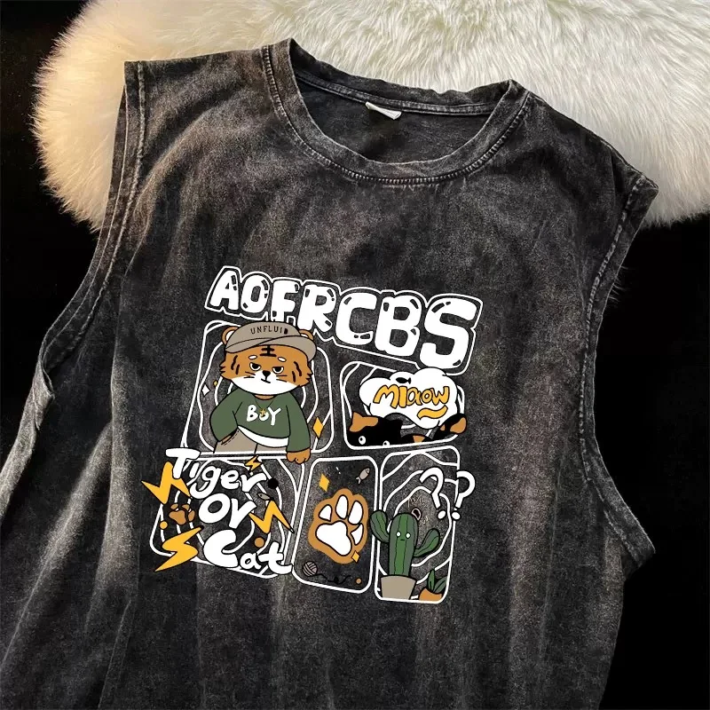 

American Do Old Wash Water Vest Men Personality Print 2025 Summer Loose Hip Hop Basketball Sleeveless T-shirt Sports Walk