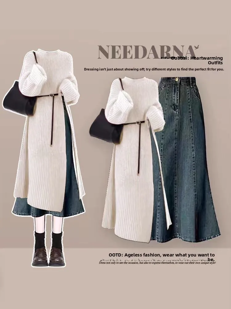 

Hebe Sle Ele Sister Set Lazy Sle Mid-Length Knitted Sweater Slimming Personali Denim Skirt Two-Piece Set