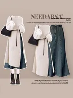 Hebe Sle Autumn Winter Knitted Sweater And Jeans Skirt Set Slimming Ele Midi Two Piece Set Women's Loose Fit Faion