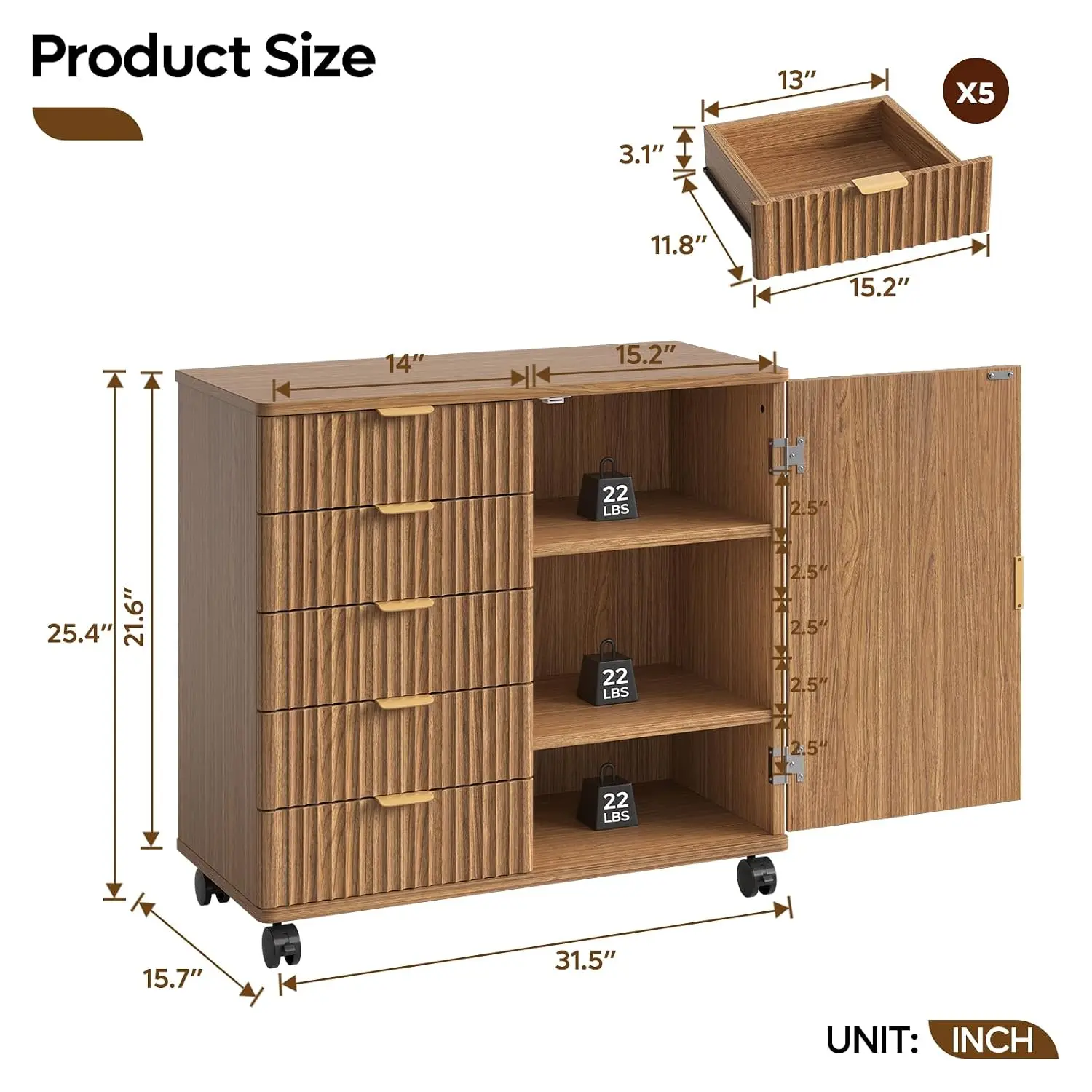 Office Storage Cabinet 5 Drawer Adjustable Shelf Fluted Wood File Cabinet 31.5 inch Desktop Mobile Casters Durable, Customized