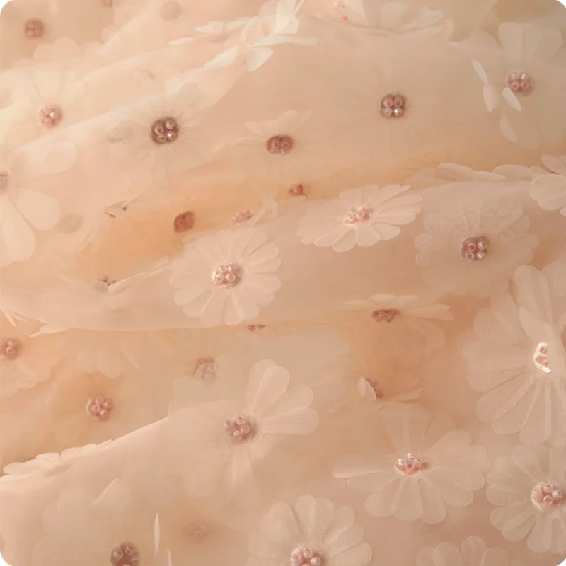 

Orange-pink small floral beaded organshon fabric for dress, cheongsam children's clothing polyester fabric