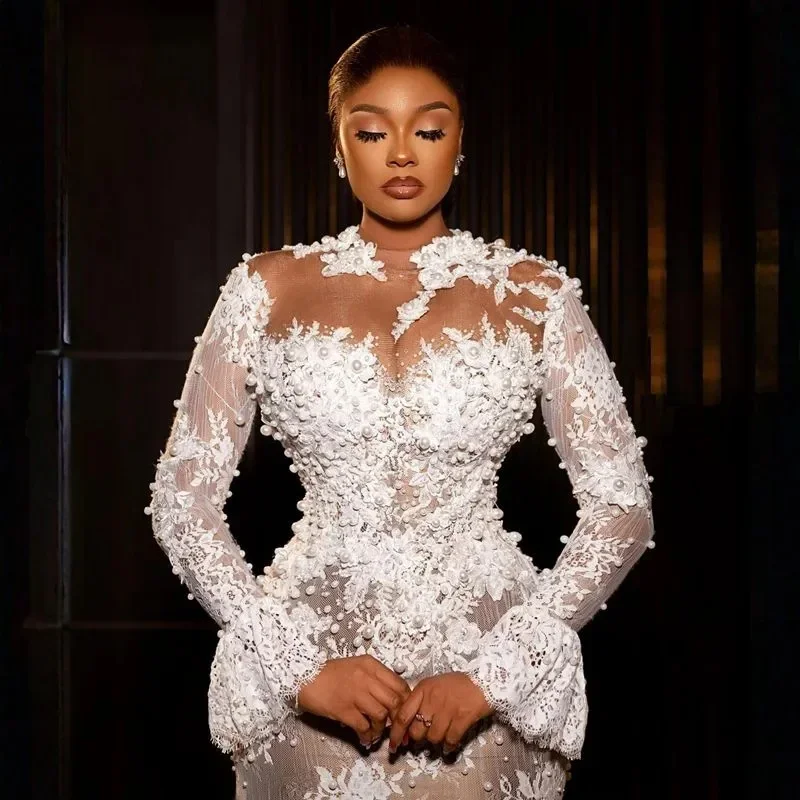 Robes de mariée Aso Ebi personnalisées, grande taille, style sirène, col haut, manches longues, robes de mariée élégantes pour femmes noires africaines, dentelle