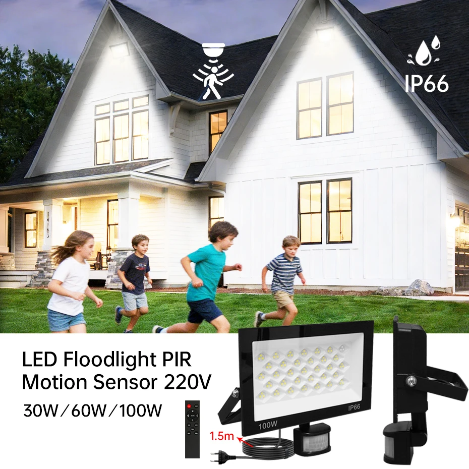 

Светодиодный прожектор с датчиком движения PIR 30W 60W 100W AC 220V, с дистанционным управлением, 6500K, настенный светильник, IP66, водонепроницаемый