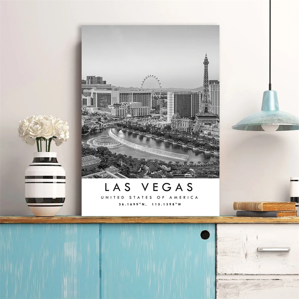 Póster impreso de viaje de Las Vegas, póster de Las Vegas, coordenadas en blanco y negro, decoración del hogar, pintura en lienzo de Las Vegas de América