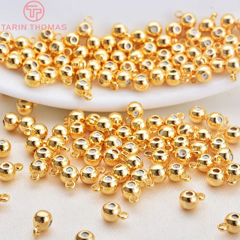 (3084)20PCS 3MM 4MM 24K Gold Color Plated Brass with Rubber Hanging Beads High Quality DIY Jewelry Making Findings