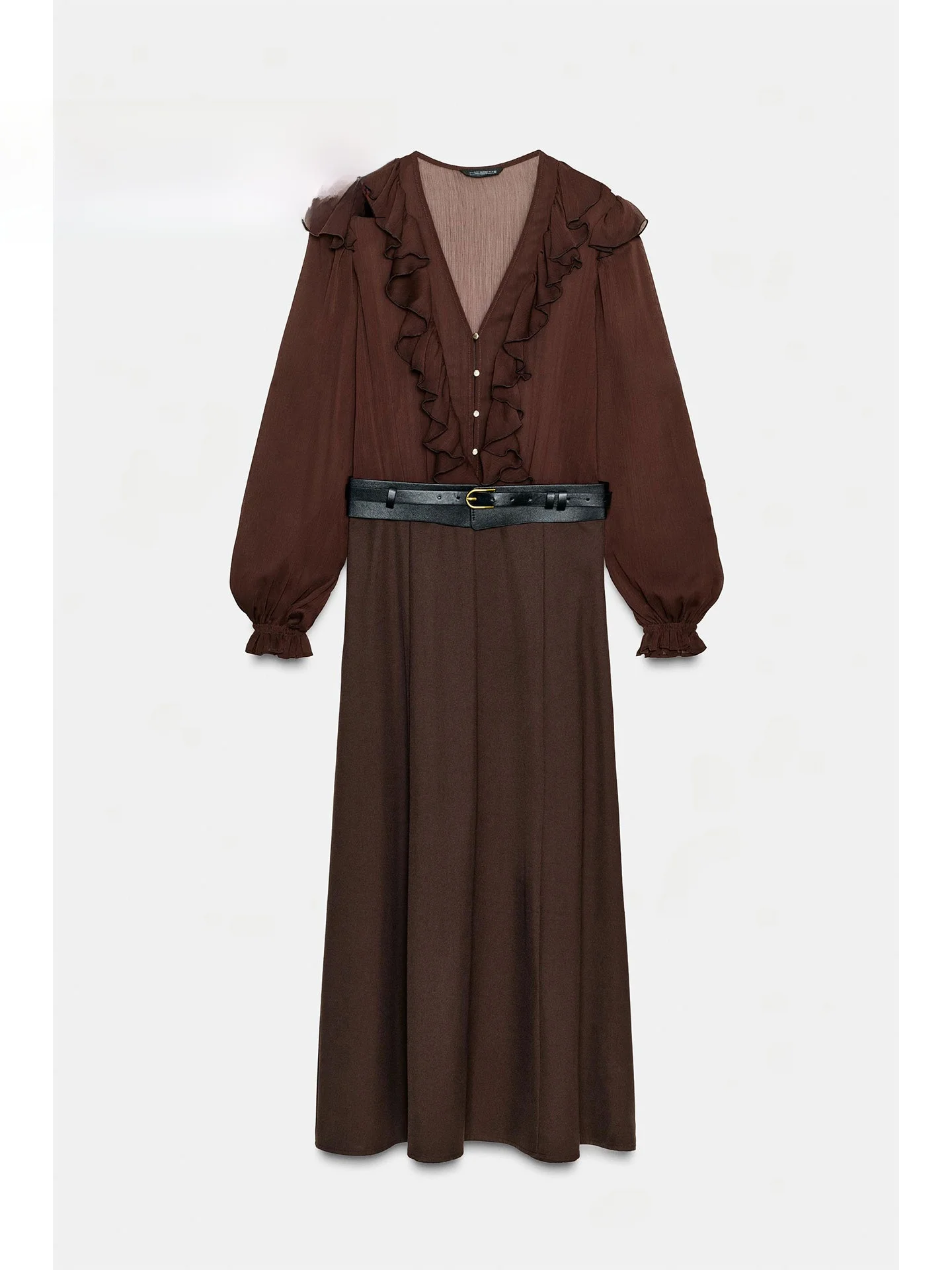 Ele Long Sve V-Ne Midi Dr with Belt Splicing Casual Sle A-Line Skirt for Ladies Autumn Winter New Arrival