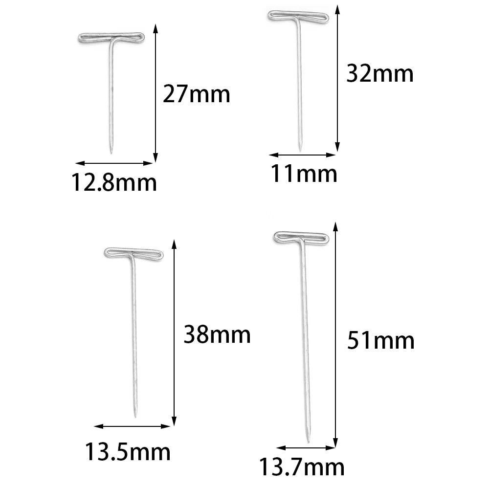 100pcs 27/32/38/51mm Stainless Steel T Pin Needles Wig Making T Pins For DIY Blocking Knitting T-Pins Sewing Positioning Needle