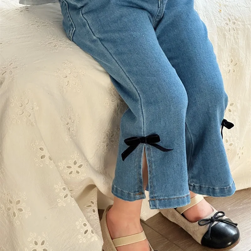 

2025 Spring and Autumn New Products Children's Korean Version Bow Denim Flared Pants Girls Solid Color Elastic Slit Trousers