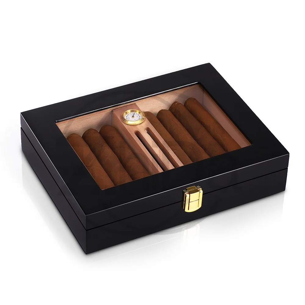 Mini Portable Cedar Wood Cigar Humidor Box, Piano Finish With Transparent Window, Travel Cigar Storage Case Smoking Collection