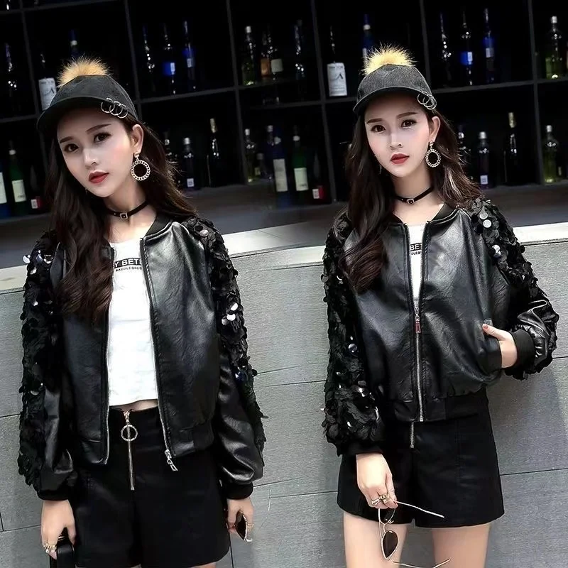 2024 Women PU Leather Jacket New Female Spring Autumn Quilting Glitter Bead Piece Long Sleeve Coats Ladies Leather Overcoat