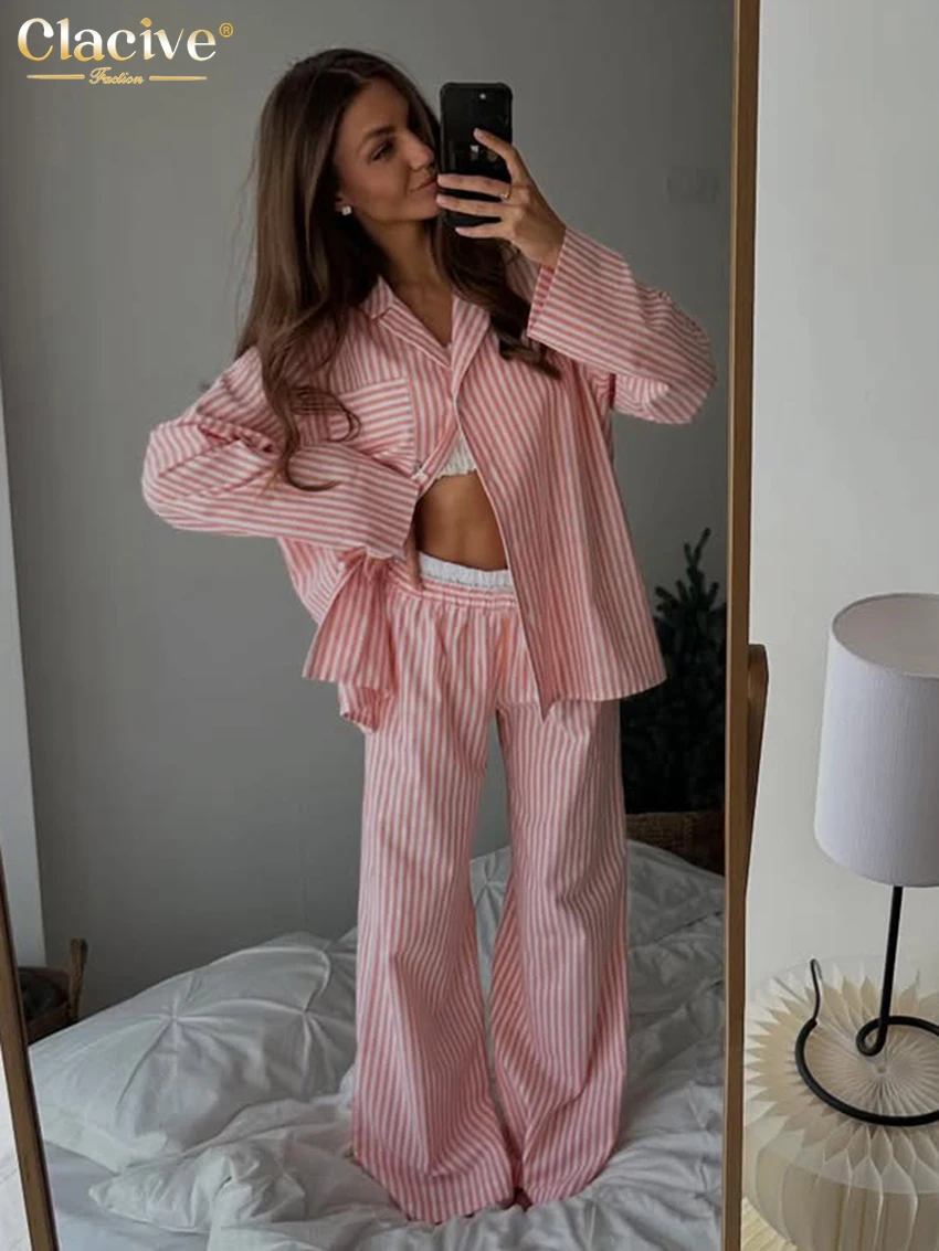 

Clacive Fashion Loose Stripe Print 2 Piece Set Women Spring Long Sleeve Shirt With High Waist Wide Pants Set Female Clothing