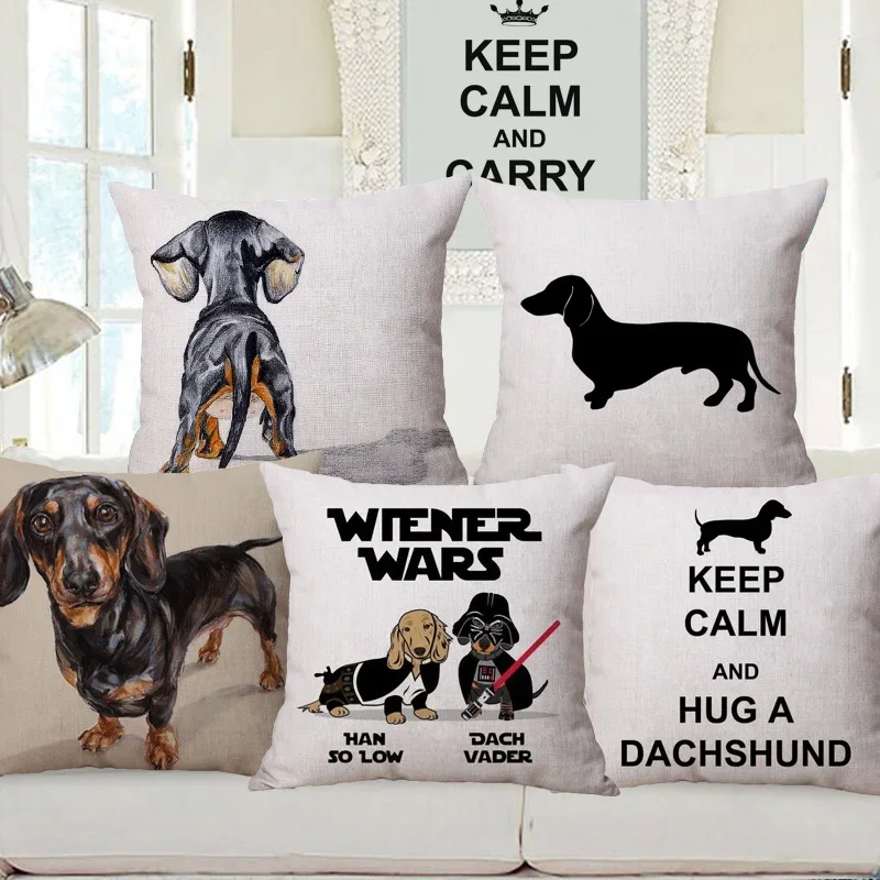 1pcs/SET Hand Painting Dachshund Dog Posters Cushion Covers Sausage Pet Animals Linen Pillowcase Decorative Pillows for Sofa