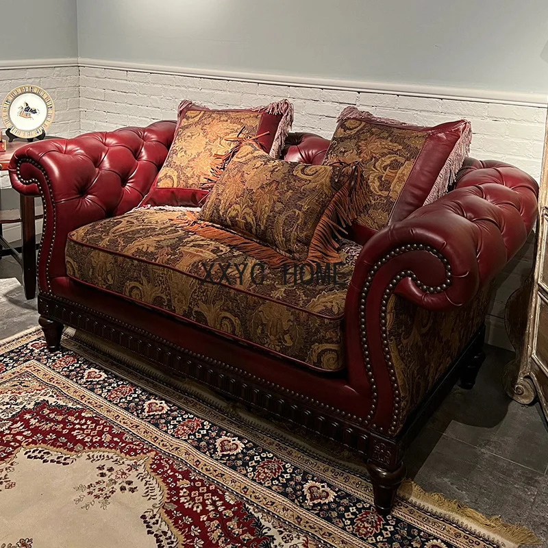 

American leather villa sofa living room fully equipped European luxury solid wood carving flower large apartment first layer