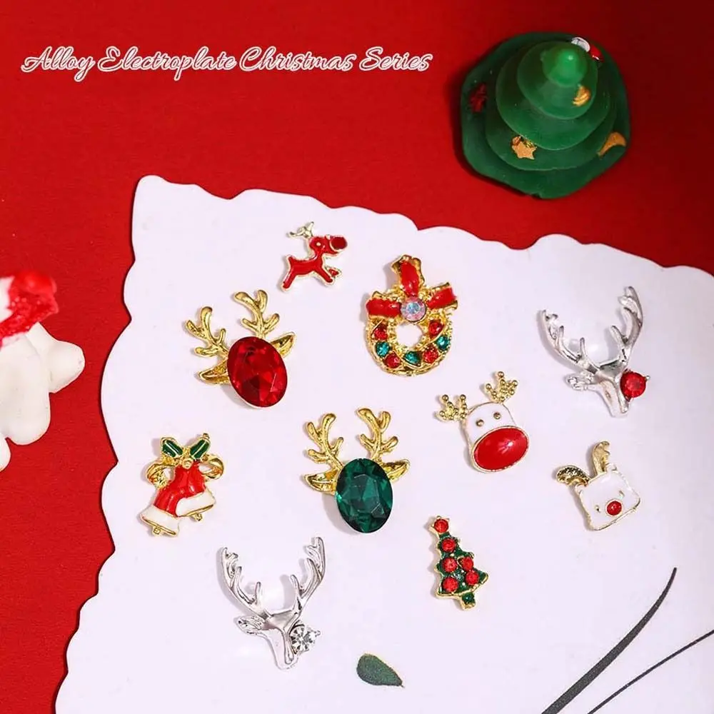 10Pcs/set Cartoon Elk Christmas Nail Decorations Christmas Tree Xmas Nail Charms Christmas Nail Rhinestones Manicure Ornaments