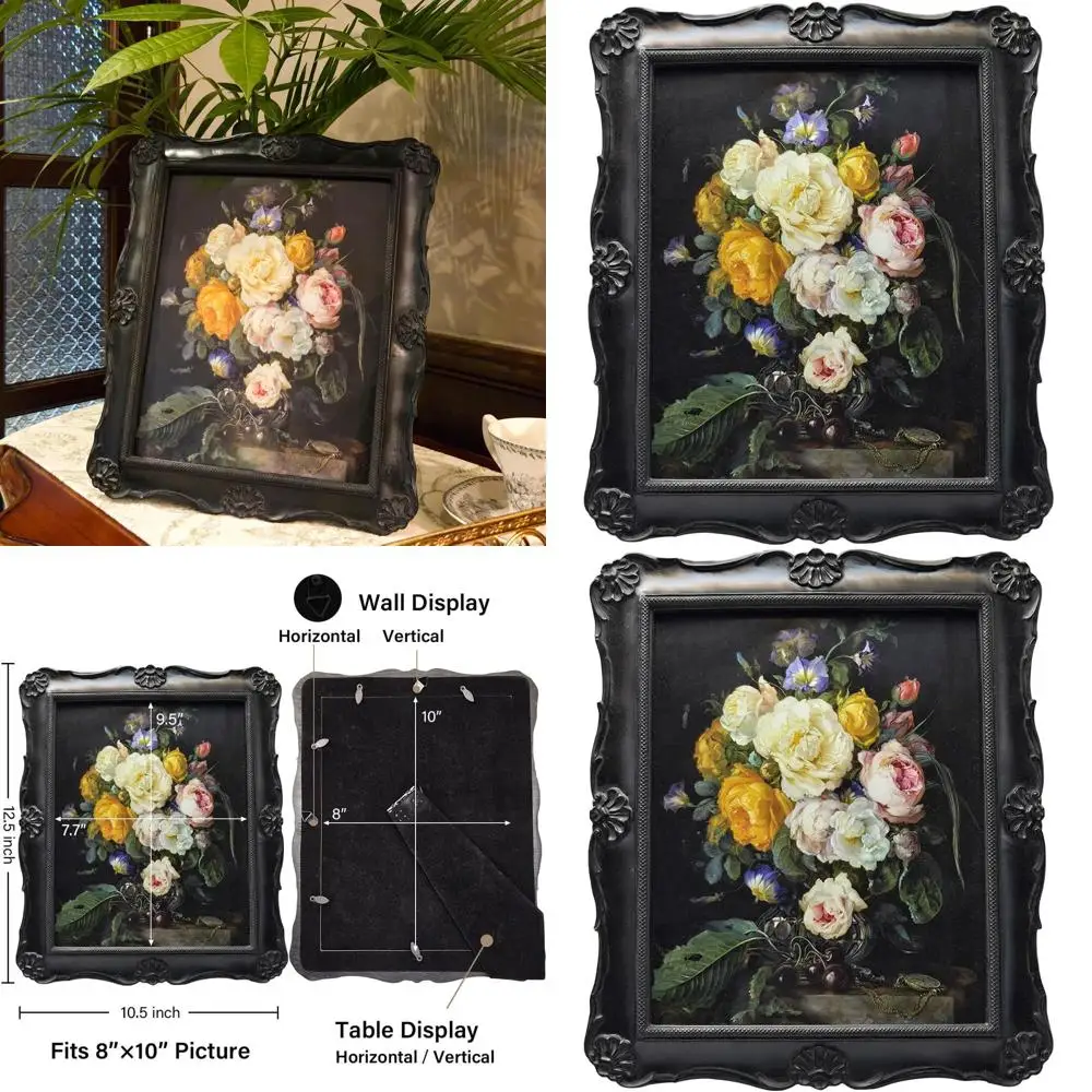 

Ретро-фоторамка черная, декоративная, 8x10, с винтажным цветочным узором, для настенного или настольного размещения, для домашнего декора и демонстрации картин