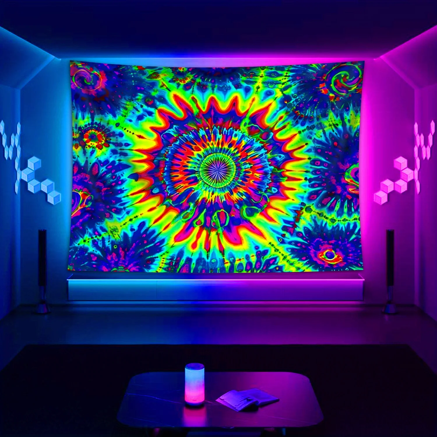 VIKAMA Neon Psychedelic Kaleidoscope Wandteppich, lebendiges Farbdesign, Wandbehang für Wohnzimmer, Schlafzimmer, Dekoration
